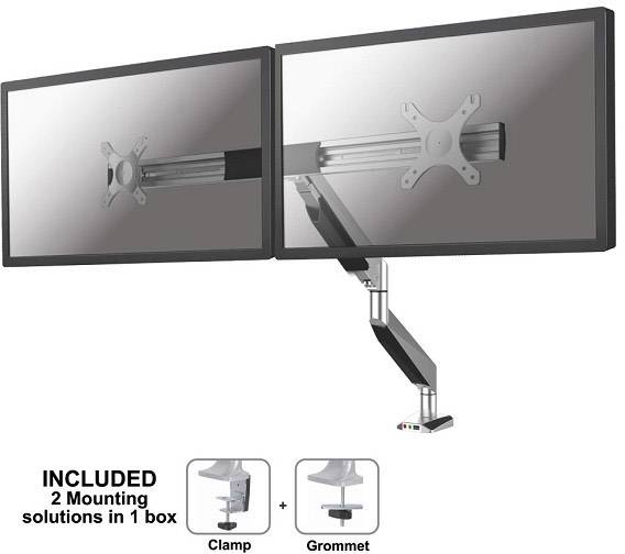 Zwei nebeneinander montierte Monitore auf einem höhenverstellbaren Arm. Enthält zwei Befestigungsoptionen: Klammer und Durchführung.