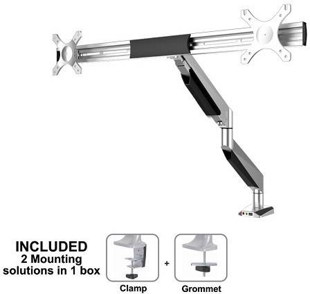Doppel-Monitorarm mit zwei Befestigungsoptionen: Klammer und Durchsteckmontage. Enthält alle Teile in einer Box.