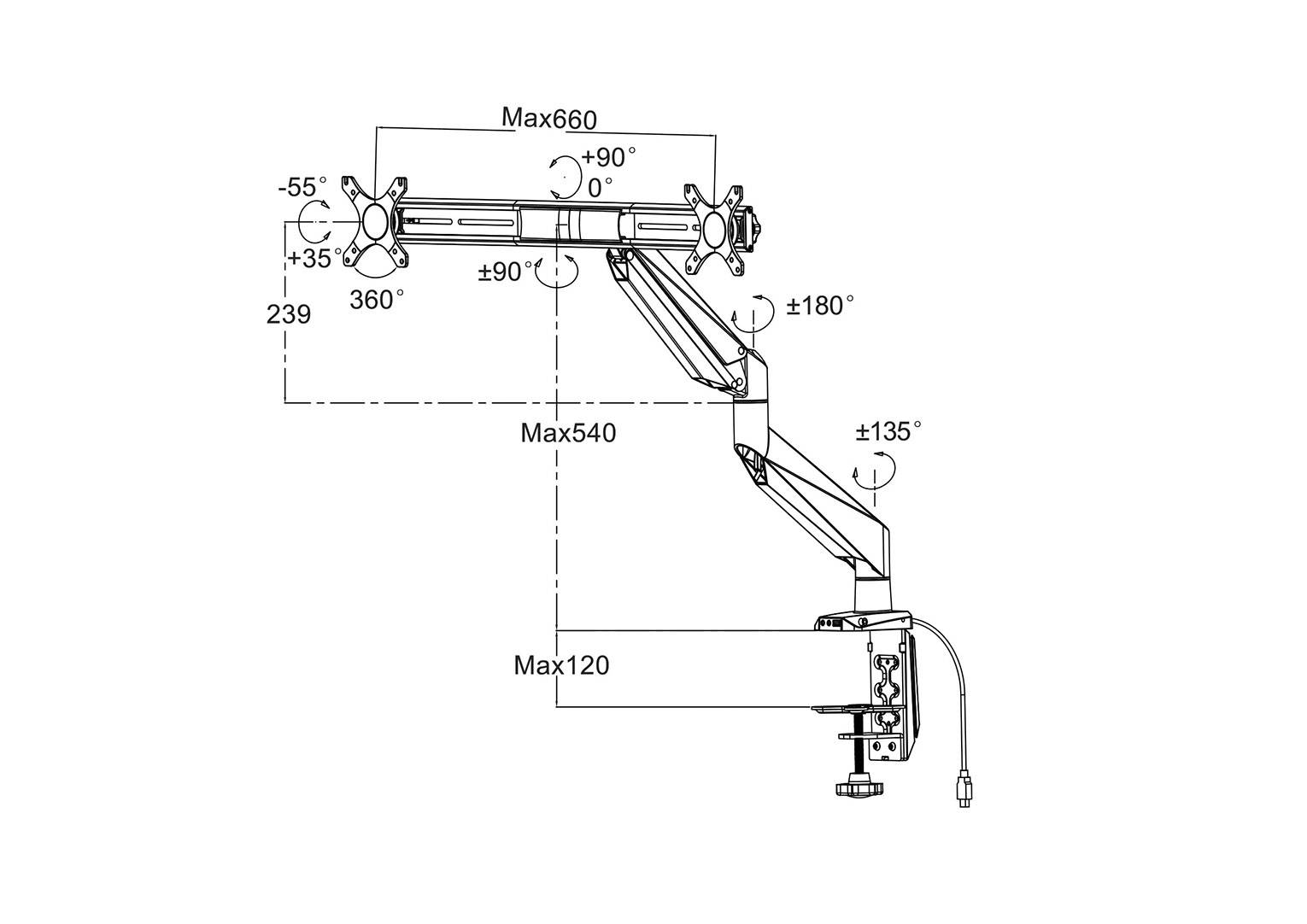 Diagramm eines Monitorarms mit Blende: max. Länge 660mm, Schwenkbereich ±180°, Neigungswinkel +90°/-55° oben und ±135° unten.
