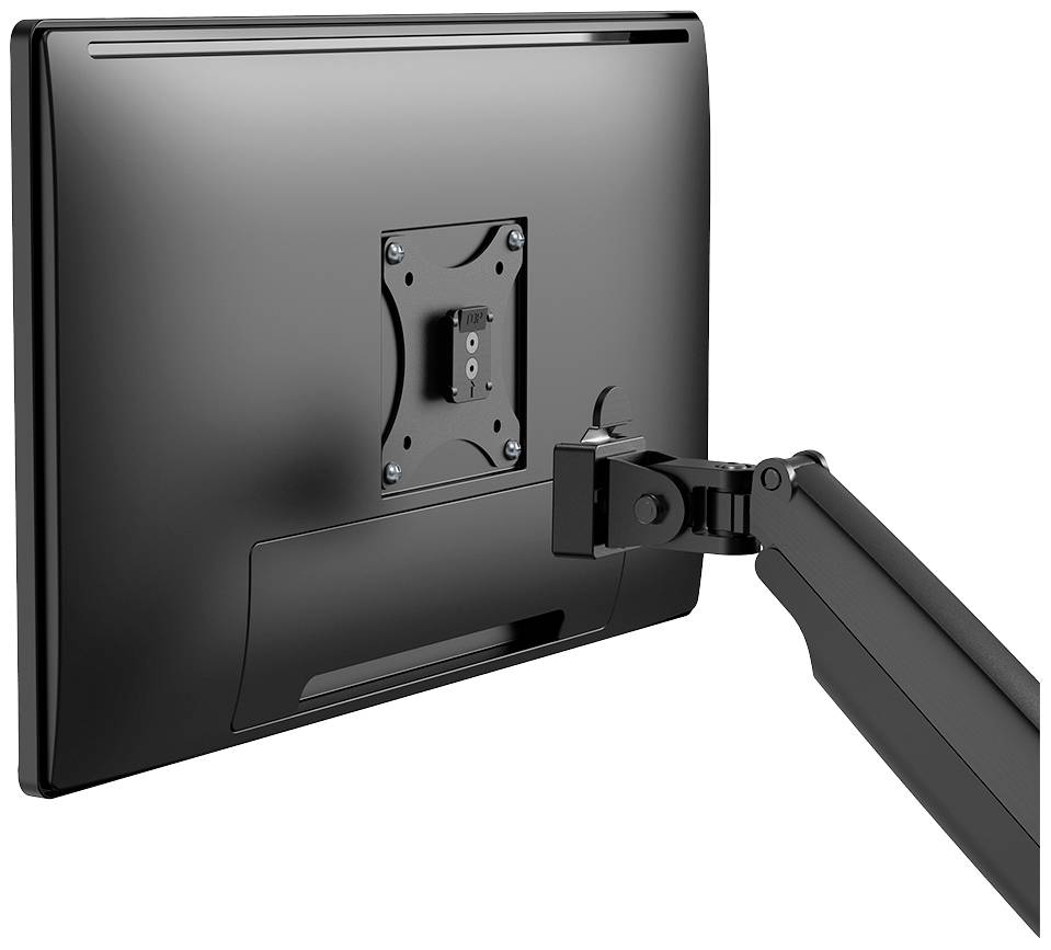 Ein schwarzer Computermonitor von hinten, montiert an einem schwenkbaren Arm.