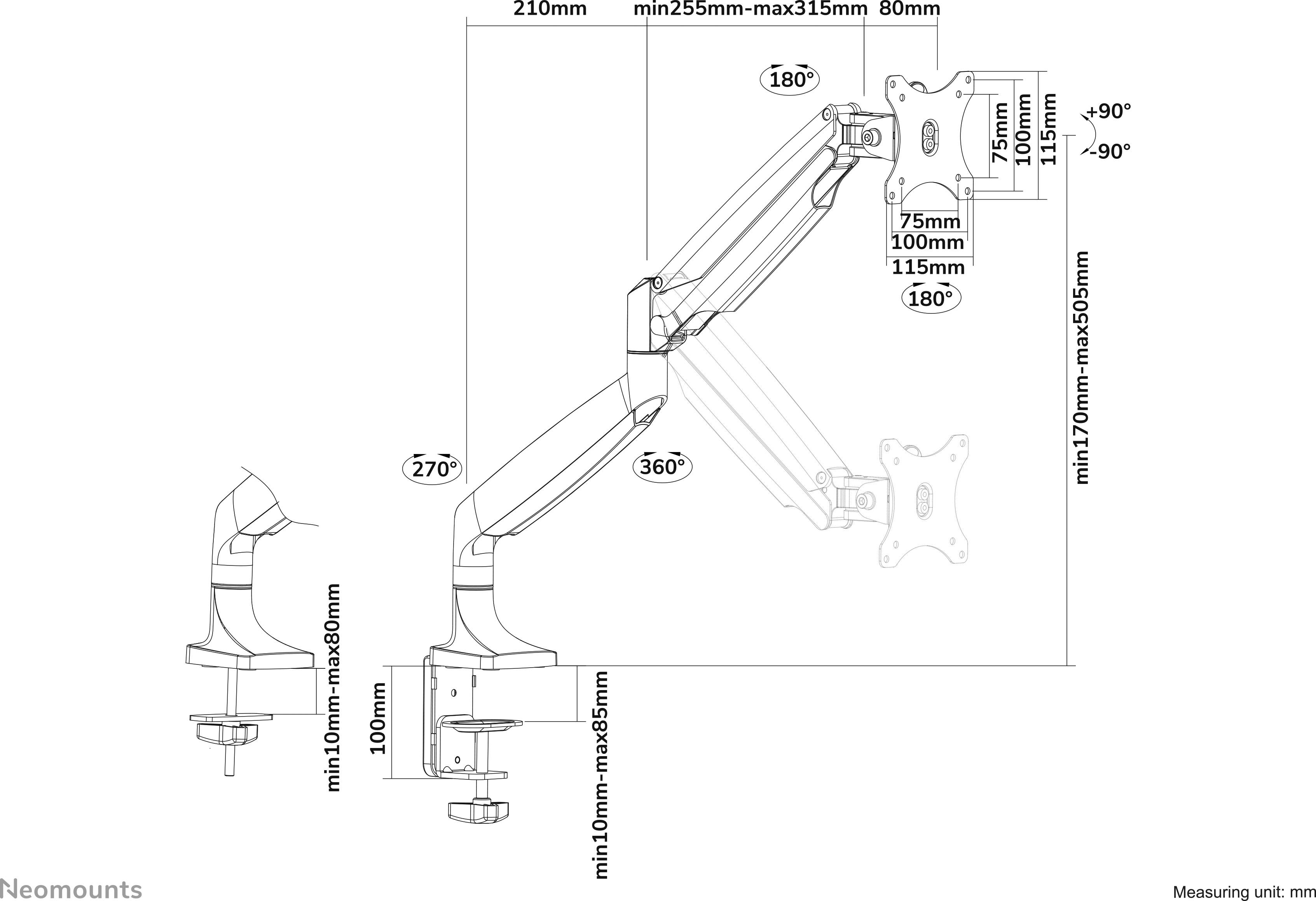 Technische Zeichnung einer verstellbaren Monitorhalterung mit Maßen und Rotationswinkeln. Zeigt Befestigung, Arme und Beweglichkeit.
