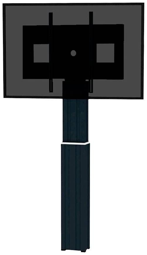 Ein schwarzer Flachbildschirm an einem metallischen, rechteckigen Standfuß. Der Bildschirm zeigt keine Inhalte.