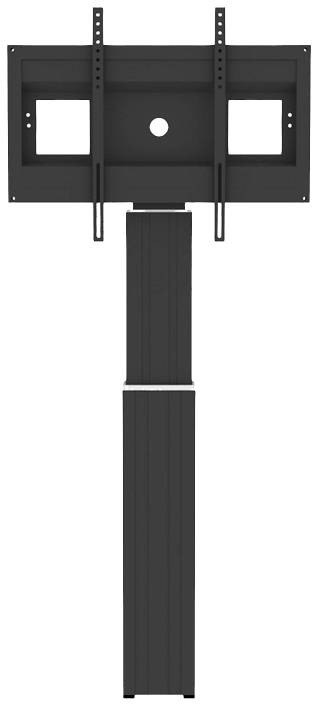 Schwarzes TV-Wandhalterungssystem mit verstellbarer Höhe, geeignet für große Bildschirme, mit stabilem Standfuß und Haken.