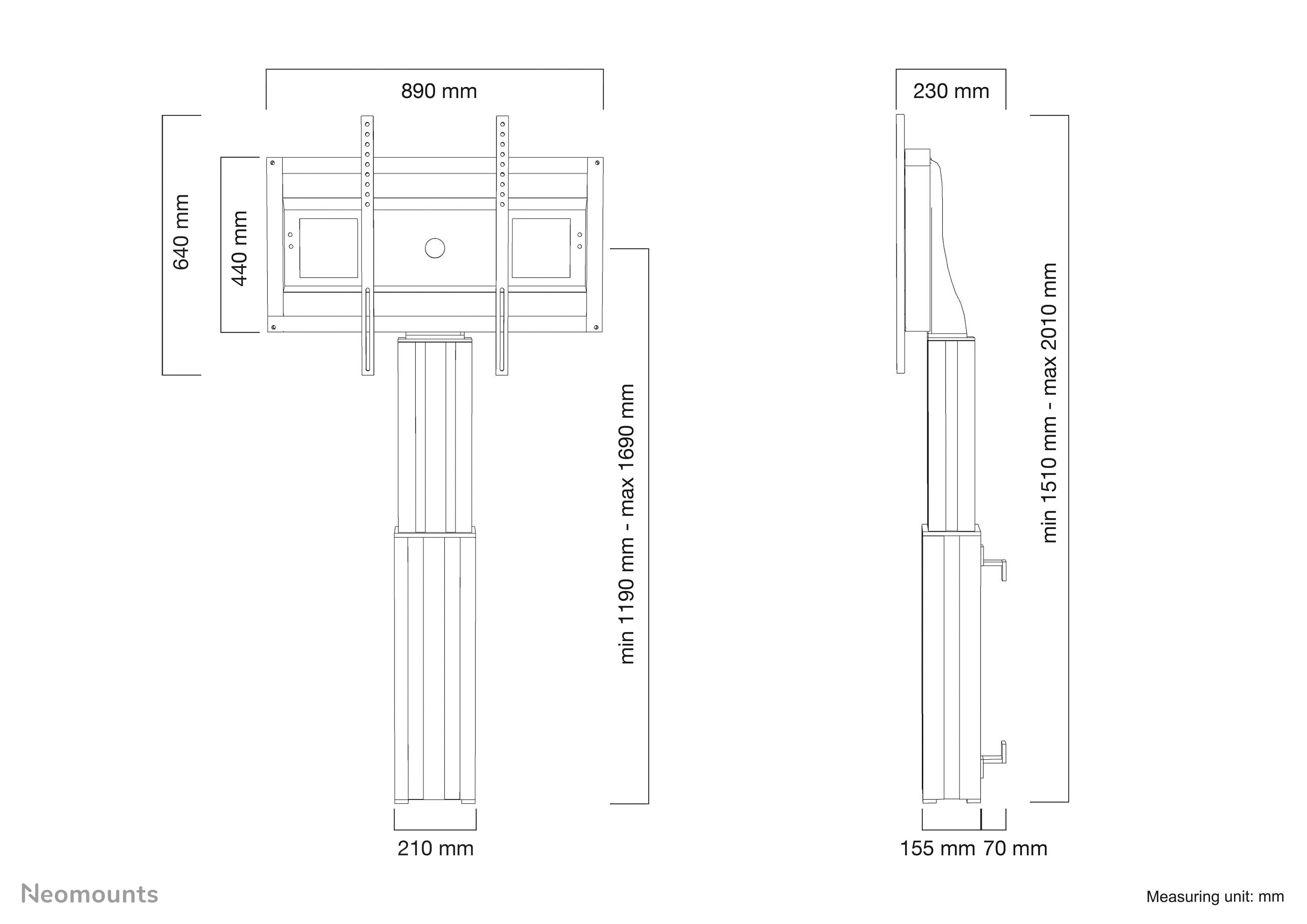 Diagramm einer TV-Halterung mit Abmessungen: Breite 890 mm, Höhe 640 mm, Tiefe 230 mm, Mindesthöhe 1190 mm, Maximalhöhe 2010 mm.