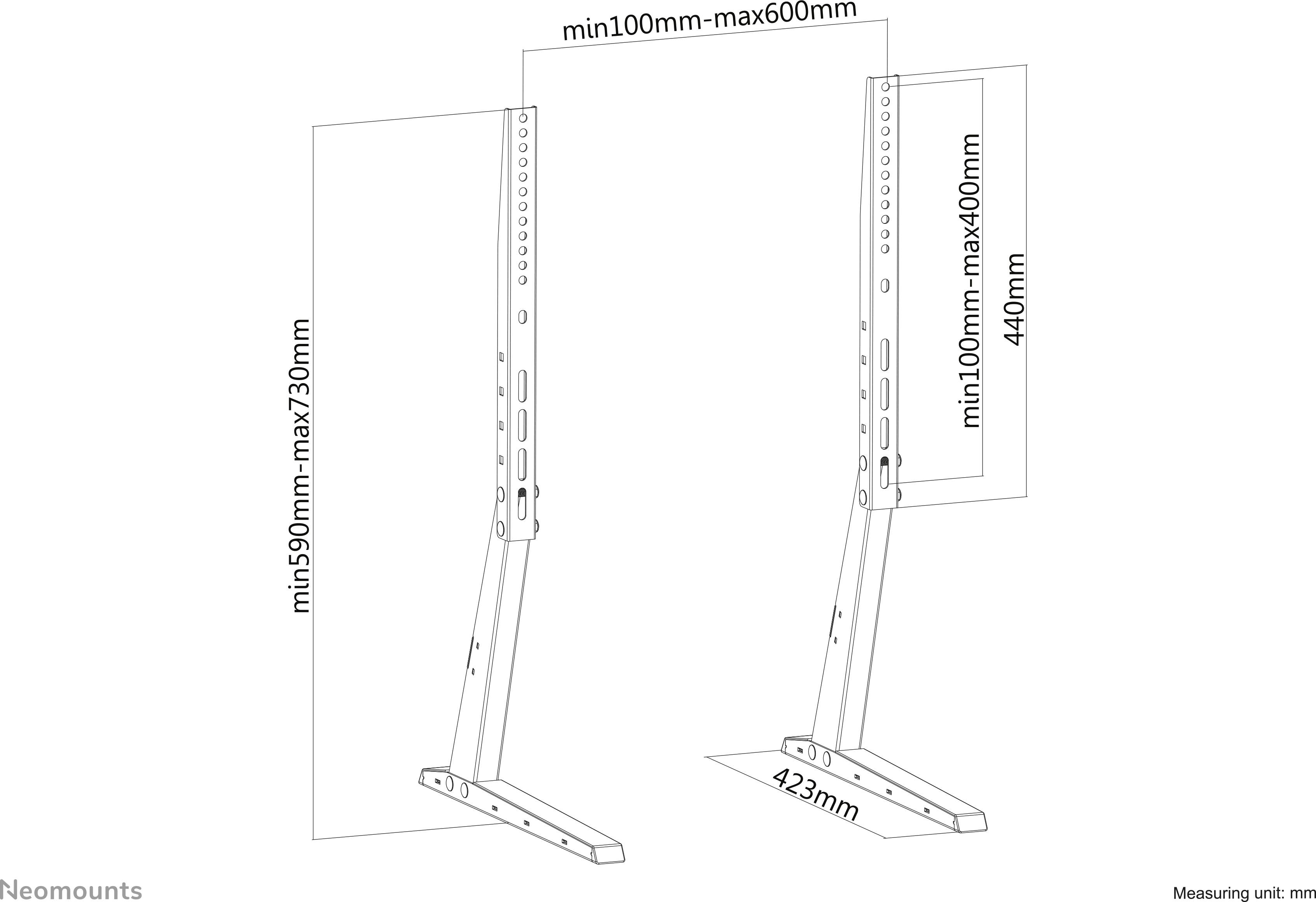 Zwei höhenverstellbare Monitorständer mit Höhen- und Breitenmaßen. Höhe: min 590mm bis max 730mm. Breite: min 100mm bis max 600mm.