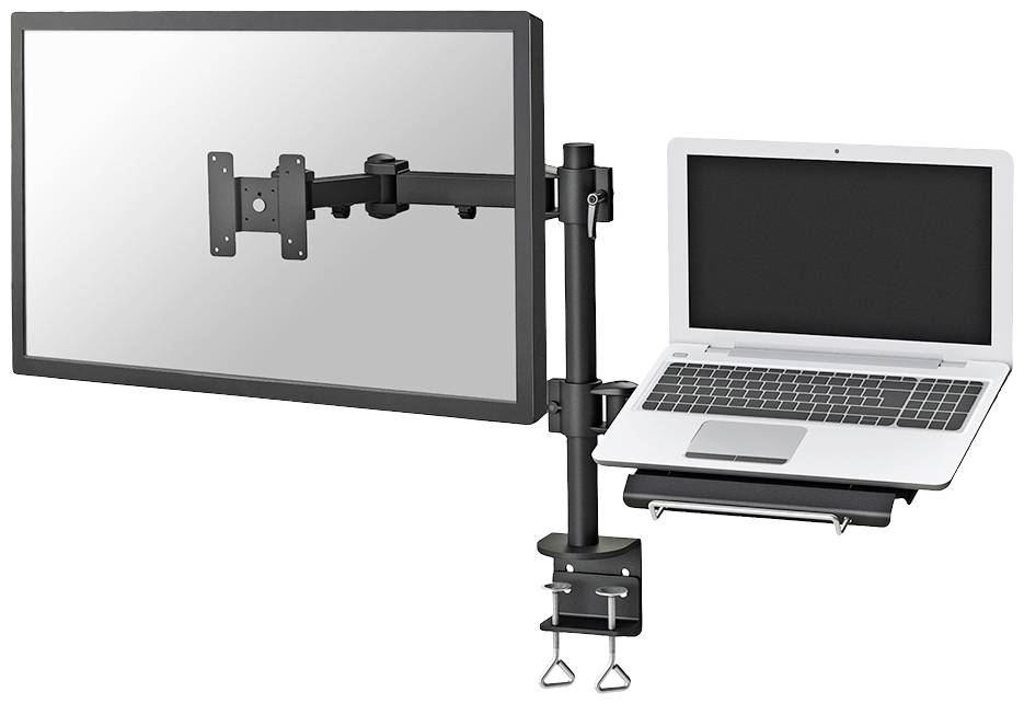 Monitorarm mit zwei Halterungen, links für Monitor, rechts für Laptop, zur ergonomischen und flexiblen Arbeitsplatzgestaltung.