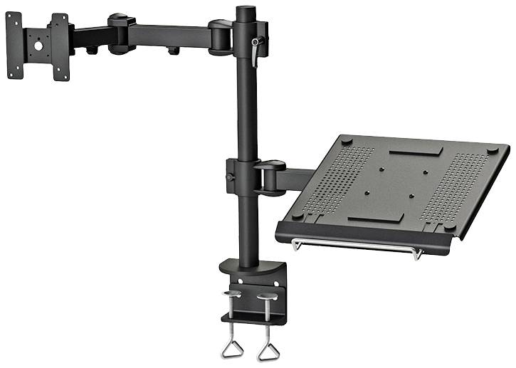Ein verstellbarer Monitorarm mit angeschlossener Laptop-Halterung. Die Halterung ist an einem Tisch befestigt und kann flexibel bewegt werden.