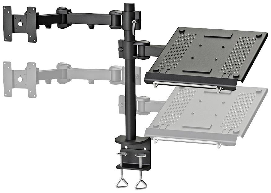 Doppelte Monitorhalterung mit verstellbaren Armen, montiert an einem Tisch, geeignet für zwei Bildschirme zur ergonomischen Arbeitsplatzgestaltung.