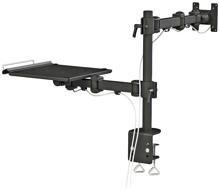 Schwarz-graue verstellbare Monitorhalterung mit Tablet-Ablage und Kabelmanagement. Geeignet für Schreibtischmontage.