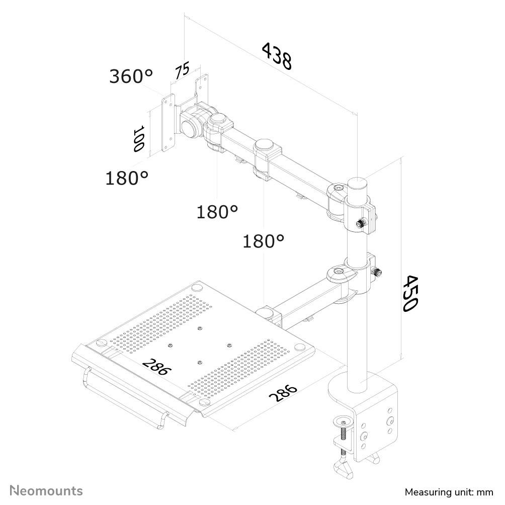 Technische Zeichnung einer Monitorhalterung mit Tastaturablage. Maße: Monitor 438x450 mm, Ablage 286 mm. Verstellwinkel: Monitor 360°, Ablage 180°.