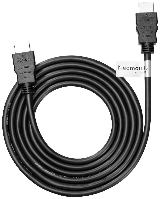 Schwarzes HDMI-Kabel, aufgerollt, mit 2 Steckern, geeignet für hochauflösende Video- und Audioverbindungen, Markenlogo 'Neomounts'.