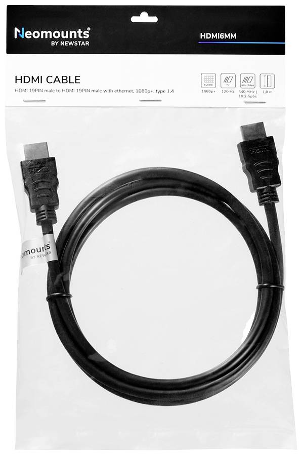Verpackter HDMI-Kabel von Neomounts, Typ 1.4, 1080p, mit Ethernet-Unterstützung.