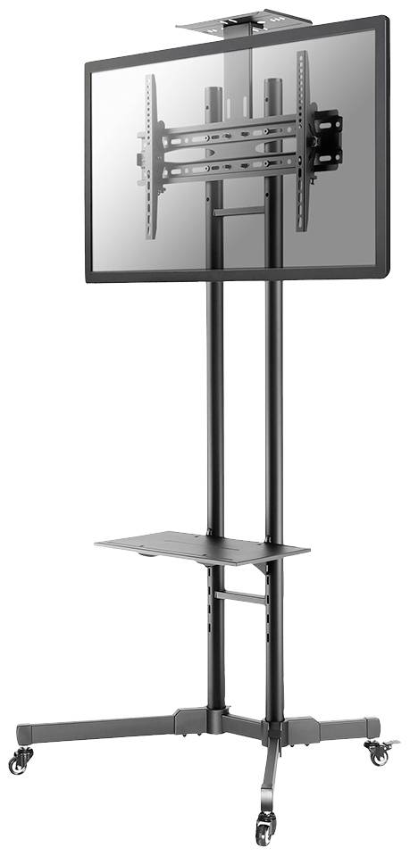 Ein mobiler TV-Ständer mit Rollen, höhenverstellbar, hält einen großen Flachbildschirm. Unten befindet sich ein kleines Ablagefach.