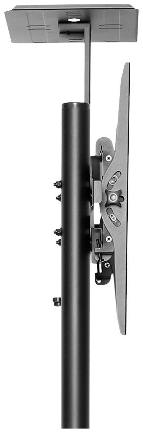 Seitenansicht einer verstellbaren TV-Deckenhalterung mit schwarzem Metallstab. Die Halterung ist neigbar und hält einen Monitor.