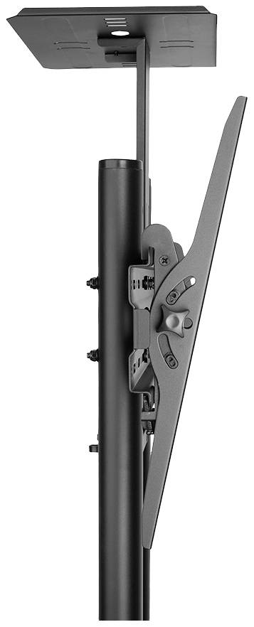 Seitenansicht einer schwarzen Deckenhalterung für Monitore mit Neigungsfunktion. Die Halterung zeigt ein schlankes, modernes Design.