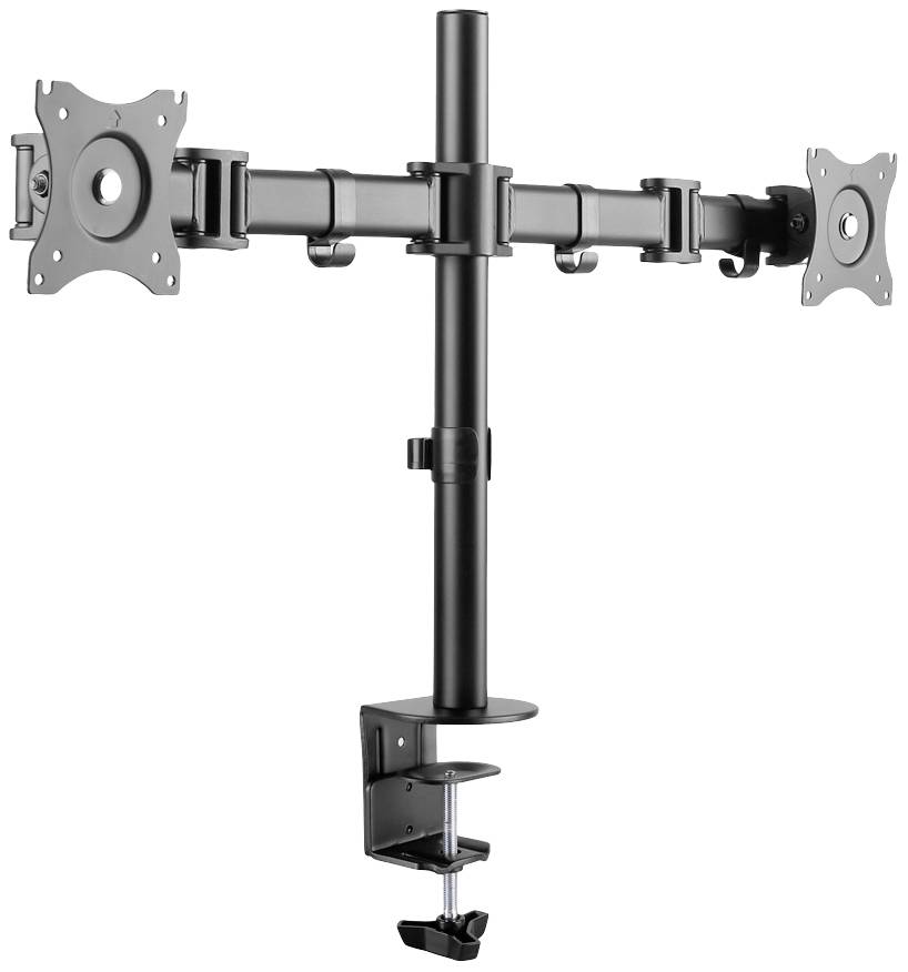Doppelter Monitorarm mit Klemmbefestigung zur Tischmontage. Geeignet zur Anbringung von zwei Monitoren, bietet flexible Ausrichtung.