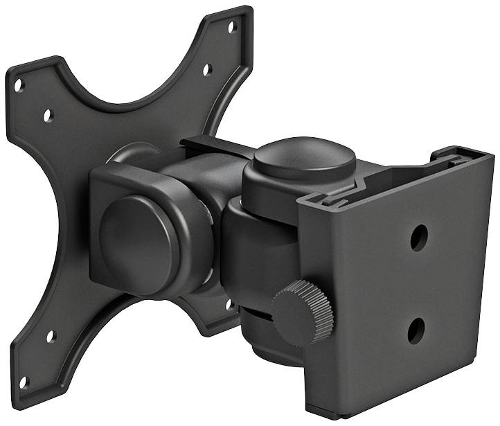 Schwarze, schwenkbare Monitorhalterung aus Metall mit VESA-Kompatibilität. Geeignet zur Wandmontage von Bildschirmen für flexible Ausrichtung.