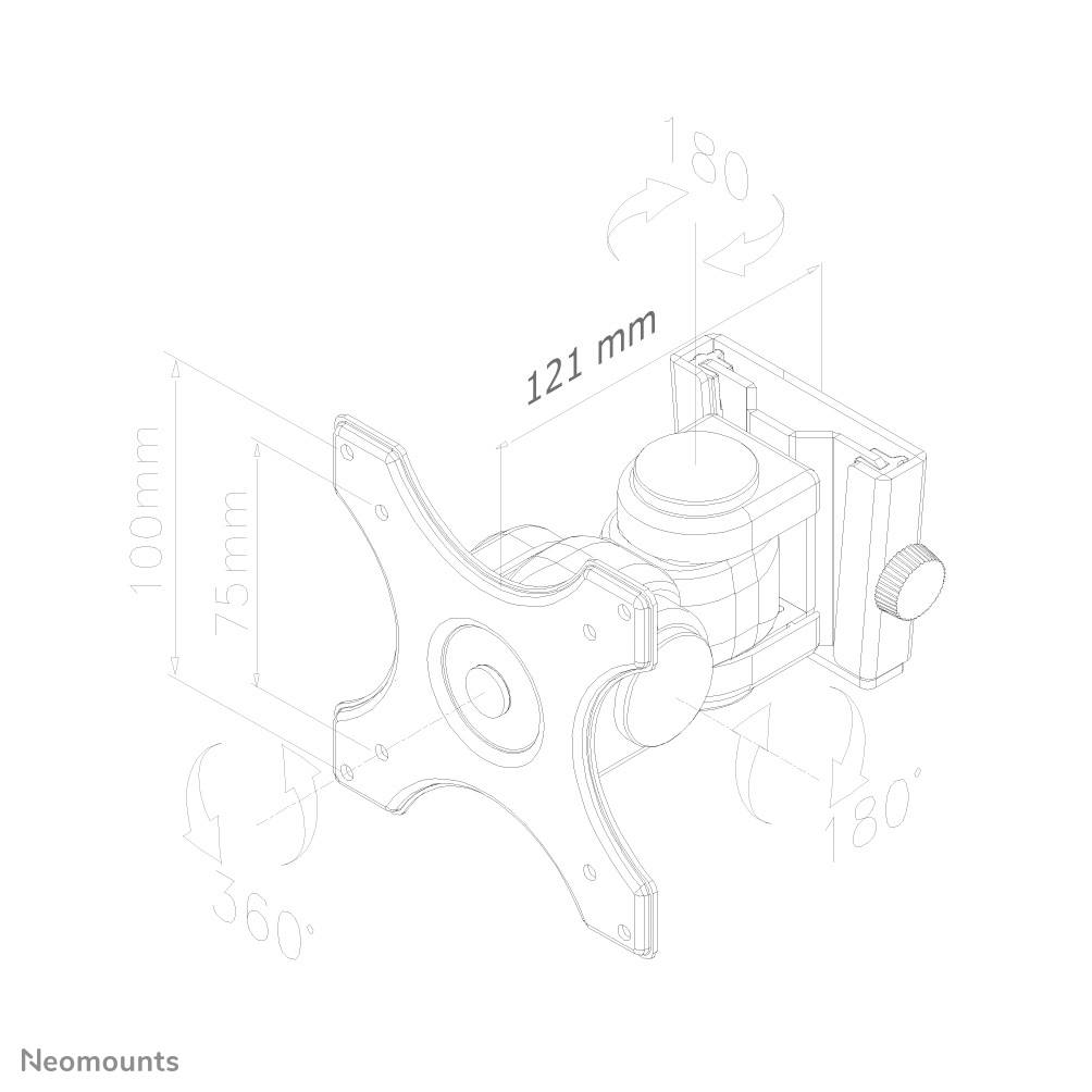 Abbildung zeigt eine schwenkbare Monitorhalterung mit Maßen: 121 mm Abstand, 100 mm Höhe, 75 mm Tiefe. Bewegungsbereich: 360° drehbar, 180° neigbar.