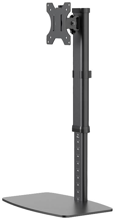 Monitor-Standfuß aus Metall, schwarz, mit verstellbarer Höhe; kompatibel mit VESA-Halterungen, geeignet für Flachbildschirme.