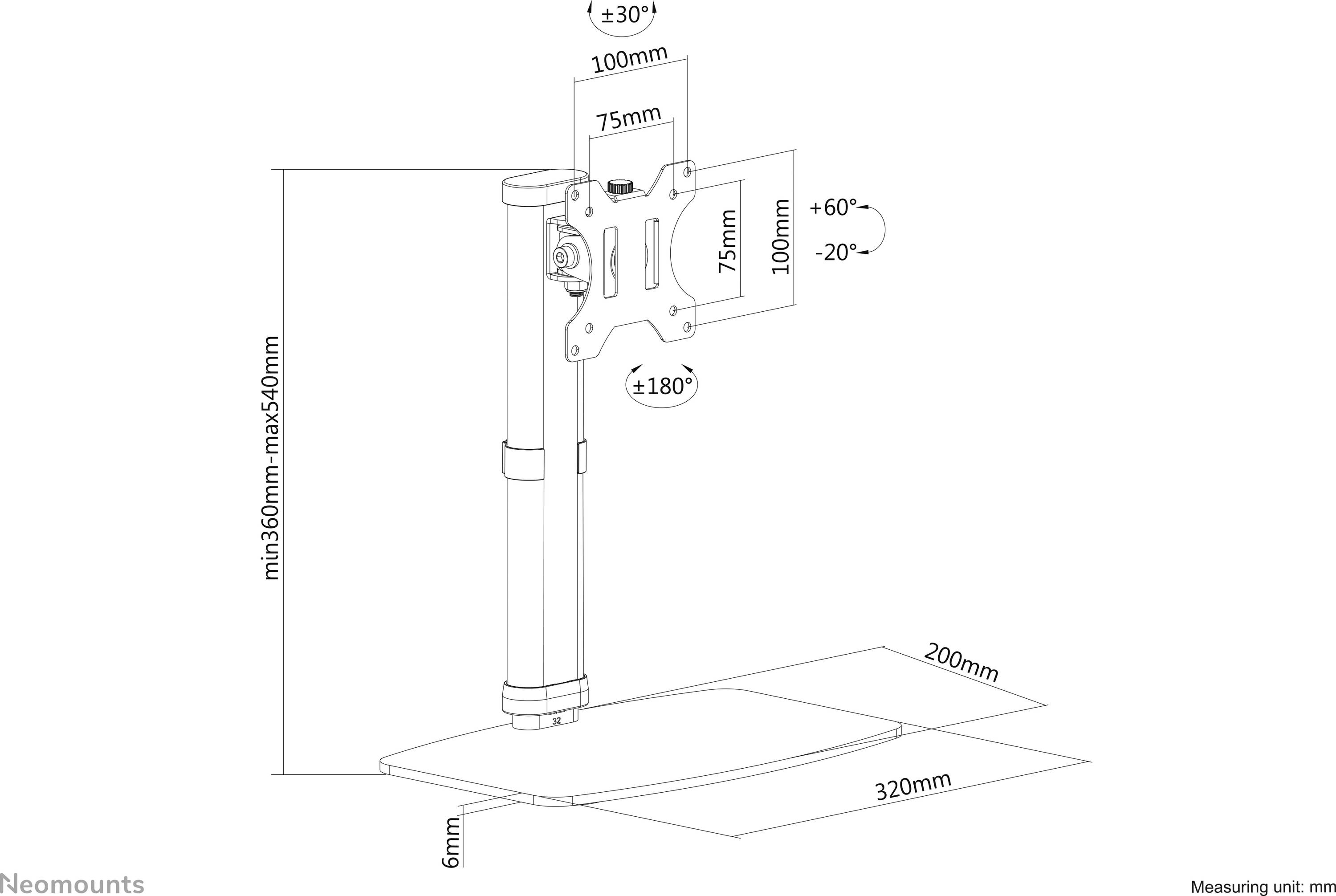 Monitorhalterung-Diagramm mit verstellbarer Halterung, zeigt Höhen- und Neigungsverstellung. Maße: max. 540mm Höhe, 320mm Basisbreite.