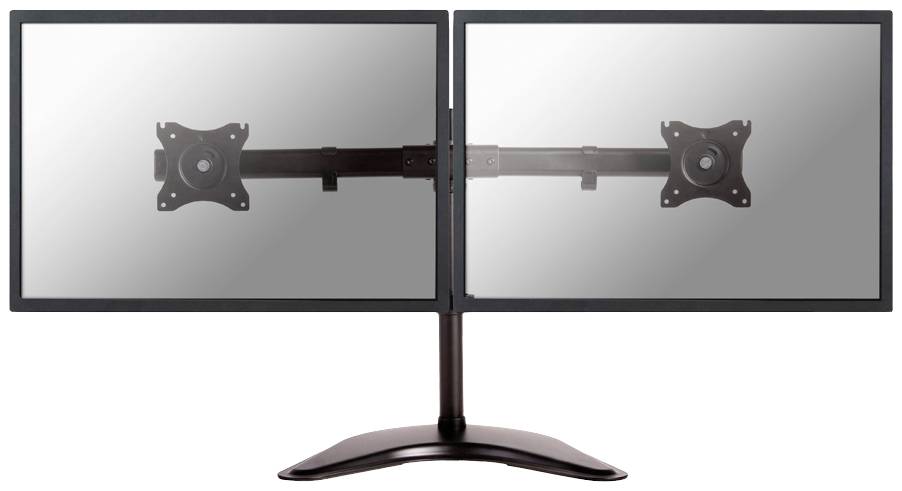 Zwei leere Monitore sind nebeneinander auf einem gemeinsamen Ständer montiert, um eine duale Bildschirmnutzung zu ermöglichen.