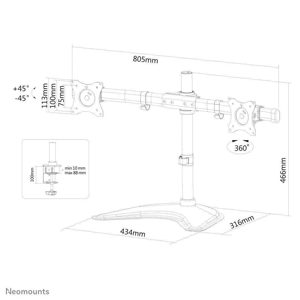Technische Zeichnung eines Monitorständers mit Dreh- und Neigefunktionen. Maße: 805mm Breite, 466mm Höhe, 434mm Basisbreite.