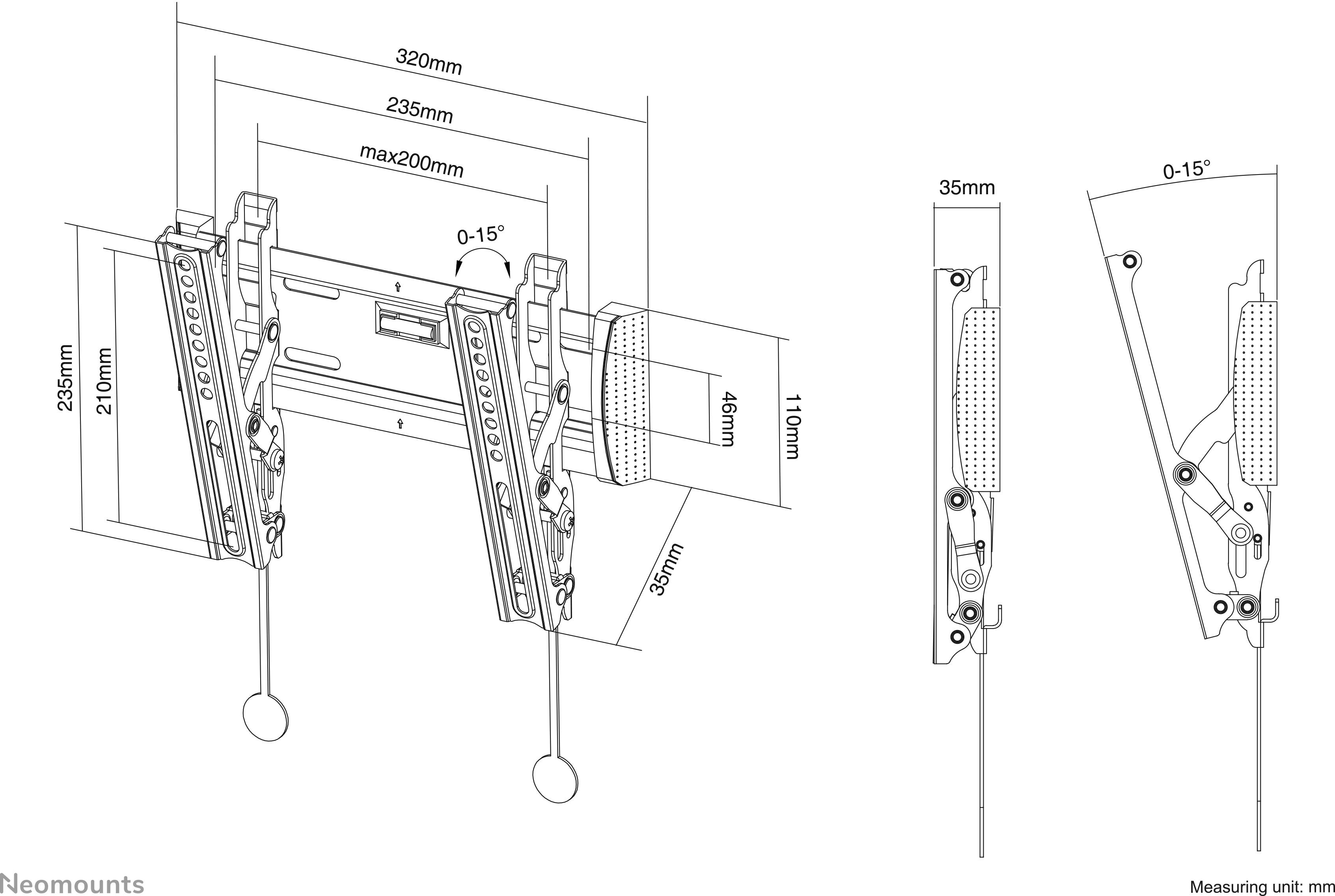 Technische Zeichnung einer Wandhalterung für Fernseher. Maße: Breite 320mm, Höhe 235mm, Neigungswinkel 0-15°. Geeignet für 200x200mm VESA.