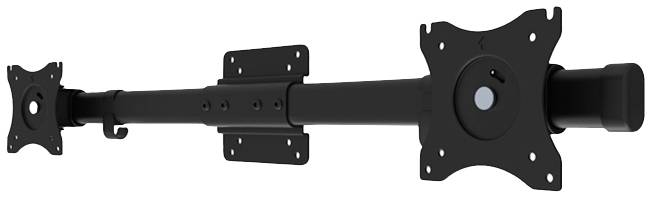 Ein schwarzer Monitorarm mit mehreren Halterungen zur Befestigung von Bildschirmen. Geeignet für Büros zur flexiblen Anordnung.