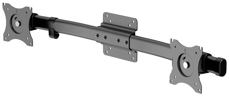 Ein schwarzer, verstellbarer Monitorhalter mit zwei VESA-Montageplatten für die Befestigung von zwei Bildschirmen.
