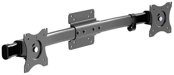 Metallhalterung mit zwei verstellbaren Monitorarmen und VESA-montierten Platten, geeignet für Bildschirmbefestigungen.