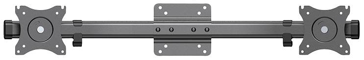 Schwarze Metallhalterung mit zwei verstellbaren VESA-Platten, zur Befestigung von Monitoren, auf Linienhalterung montiert.