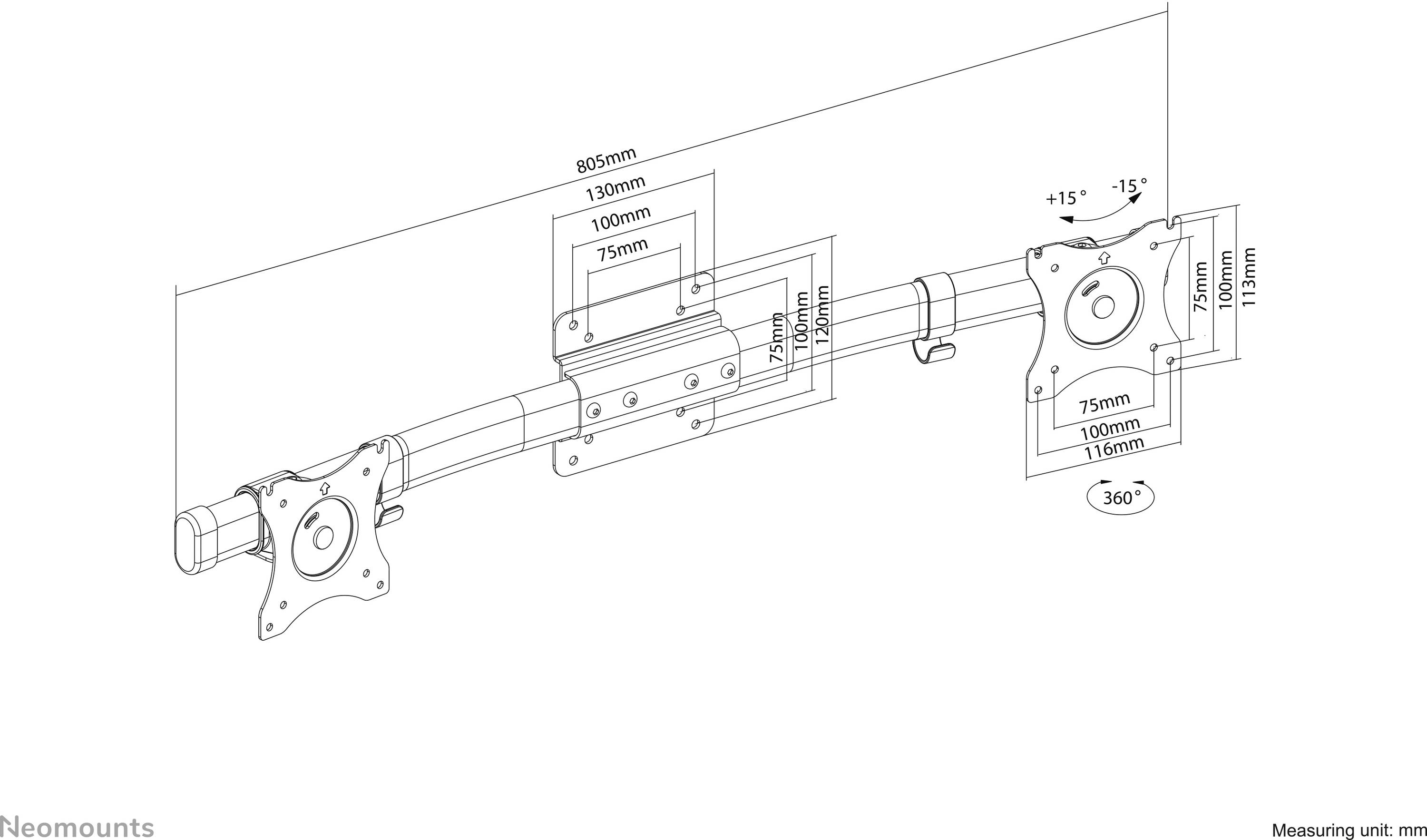 Zeichnung eines Monitorarms mit Abmessungen und Drehpunkten. Der Arm ist verstellbar, zeigt Maße in Millimetern und Neigungswinkel.
