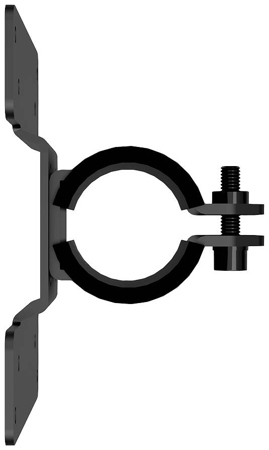 Metallhalterung mit Schraube zum Befestigen von Rohren oder Kabeln an einer Oberfläche. Seitenansicht zeigt zentrale Halterungsschlaufe.