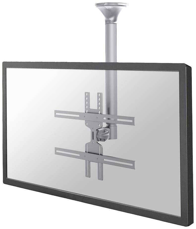 Ein verstellbarer TV-Deckenhalter aus Metall, an dem ein Flachbildfernseher montiert ist, ideal für flexible Betrachtungswinkel.