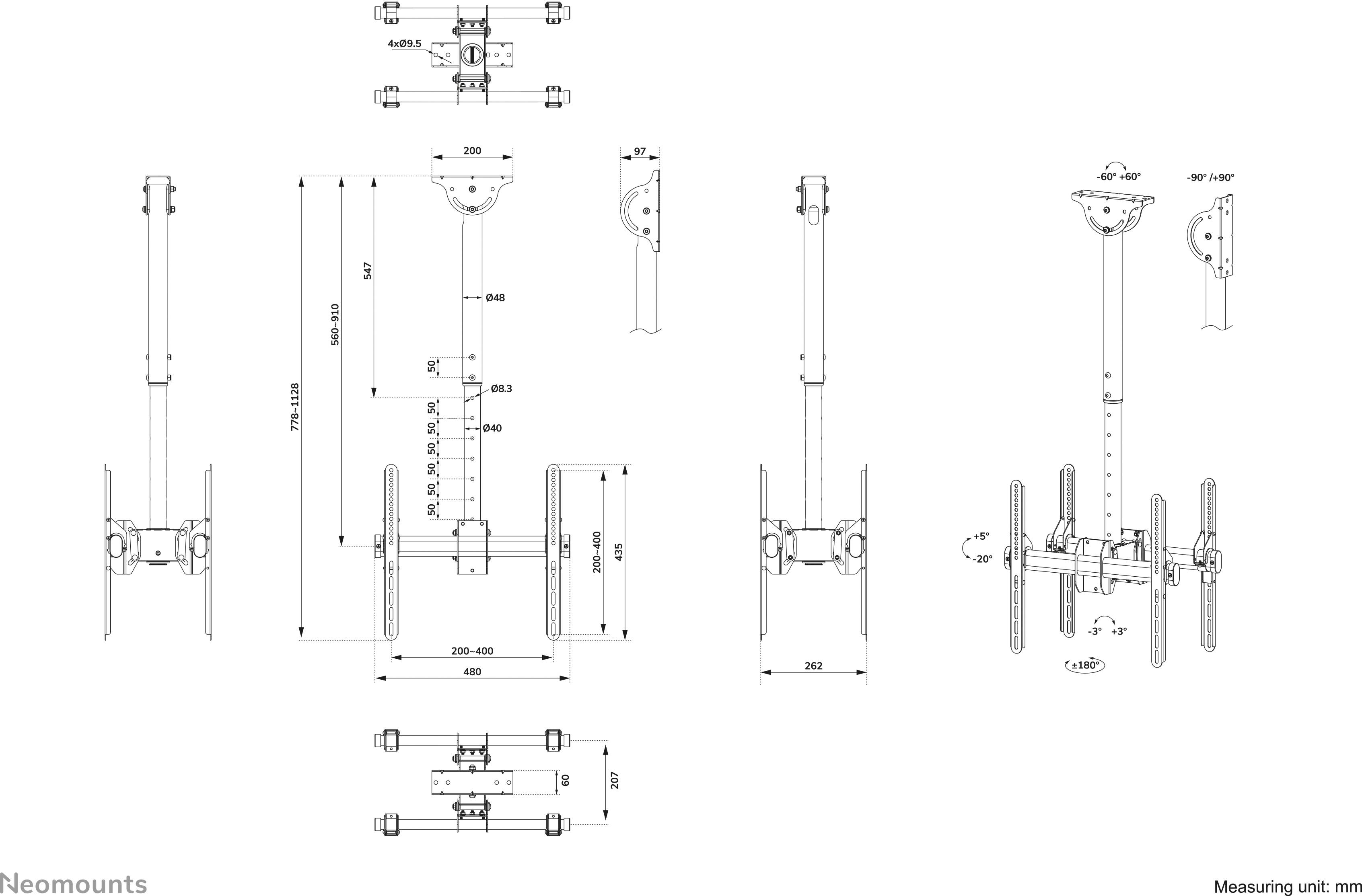 Technische Zeichnung einer verstellbaren Deckenhalterung mit Maßen: Höhe 1068-1568 mm, Breite 204-764 mm für Geräte.