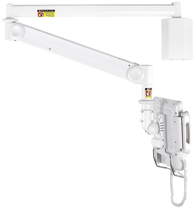 Ein Wandarmhalter für ein zahnmedizinisches Röntgengerät. Es ist weiß mit einem langen, verstellbaren Arm und einer Halterung.