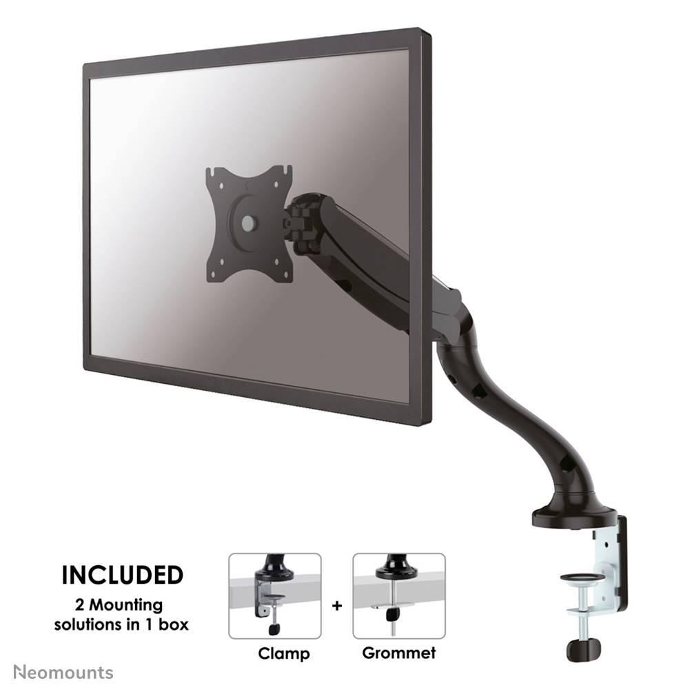 Ein Monitor ist an einem verstellbaren, schwarzen Arm befestigt. Zwei Befestigungslösungen, Klammer und Durchsteckmontage, sind enthalten.