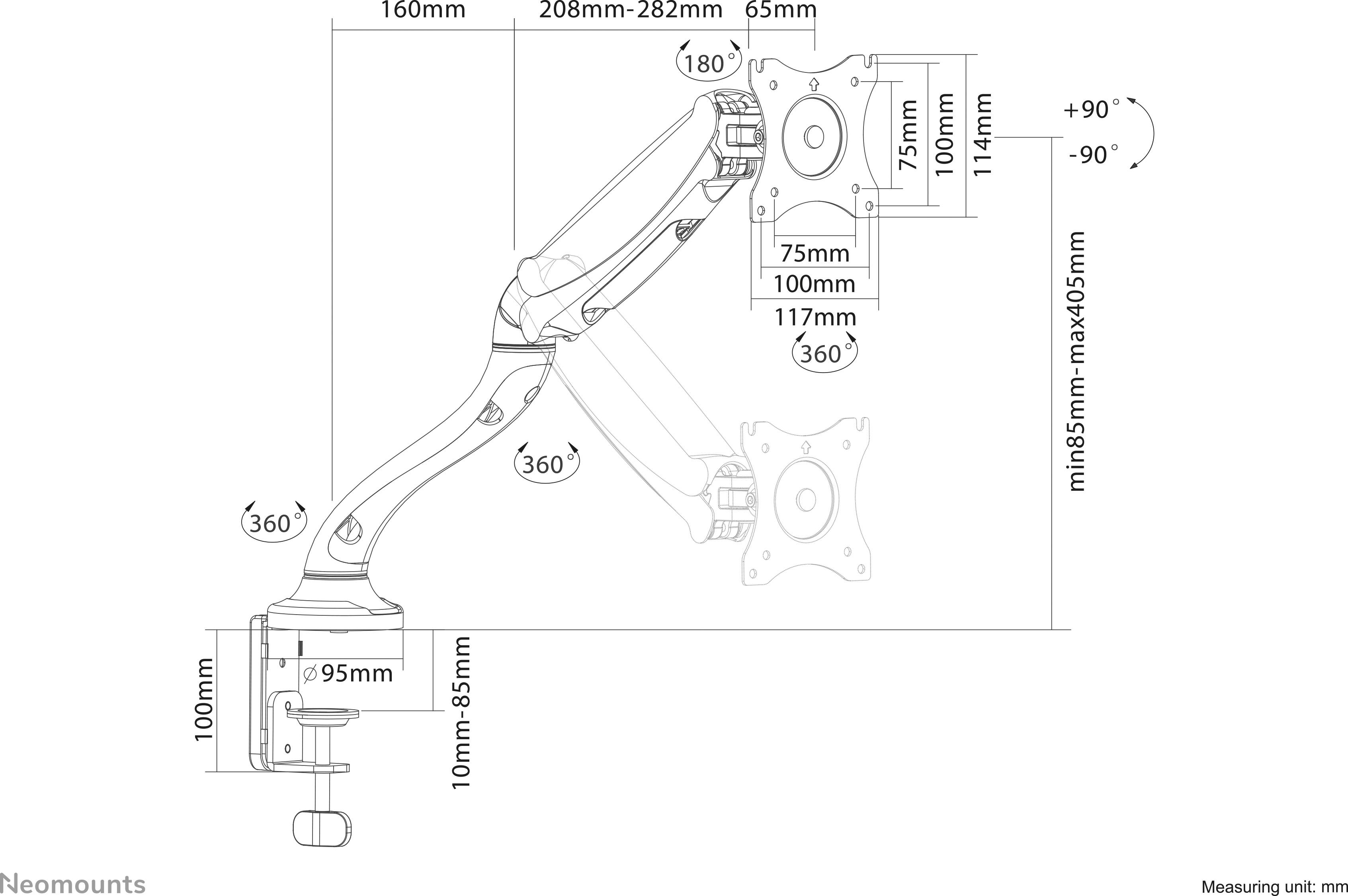 Technische Zeichnung eines verstellbaren Monitorarms. Höhe: min. 85 mm - max. 405 mm. Neigung: ±90°. Drehung: 360°.