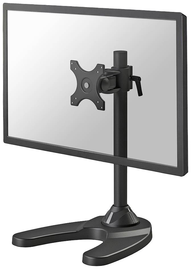 Monitorhalterung aus schwarzem Metall mit verstellbarem Arm und stabilem Fuß, geeignet für die Befestigung eines Bildschirms.
