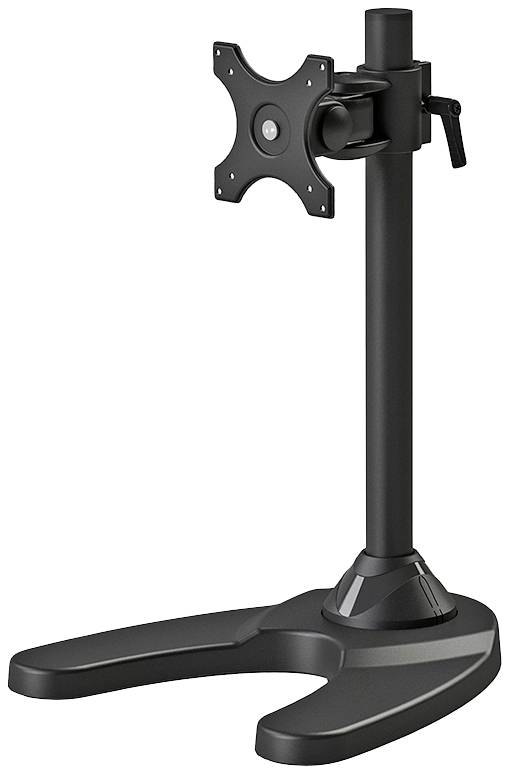 Ein schwarzer Monitorständer mit höhenverstellbarem Arm und V-förmigem Standfuß. Geeignet für die Montage eines Monitors.