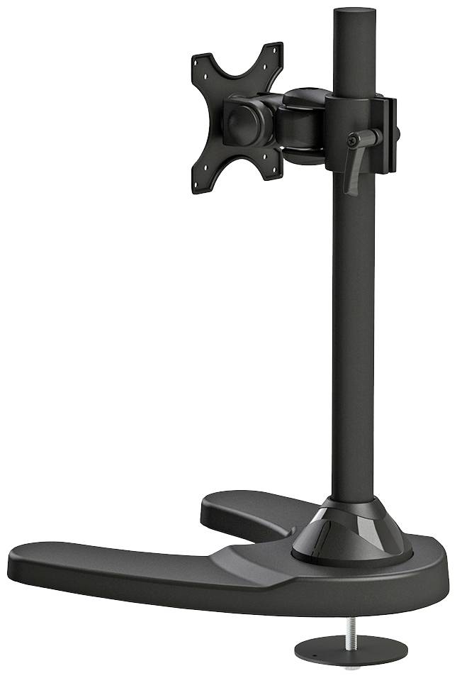 Schwarzer Monitorständer mit V-förmigem Fuß und verstellbarem Arm, geeignet für Computermonitore. Ideal zur Schreibtischorganisation.