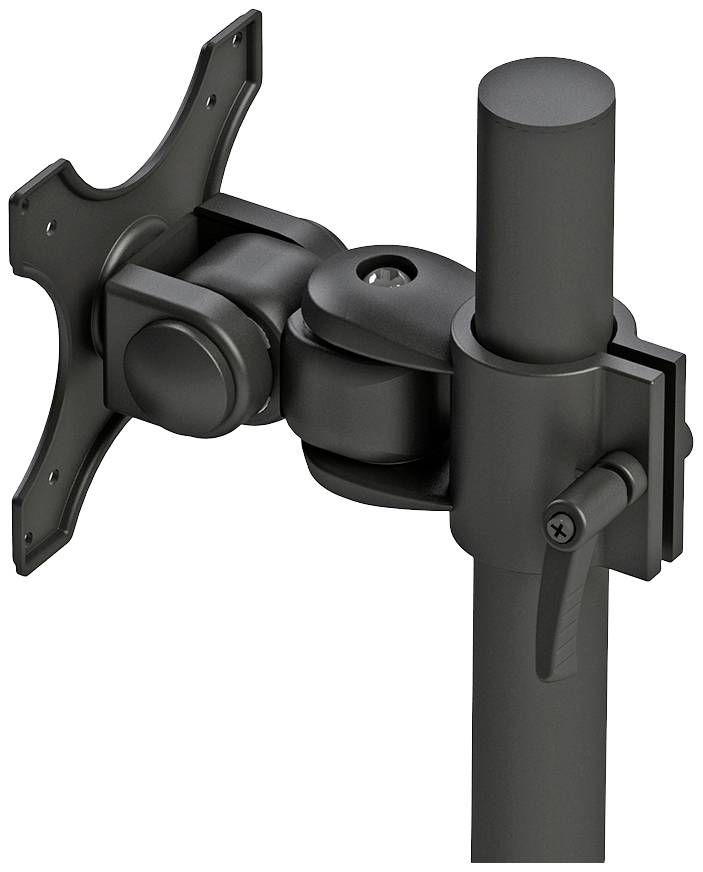 Ein schwarzer Monitorarmhalter mit vertikalem Standfuß und VESA-Halterung. Eignet sich für die flexible Positionierung eines Monitors.