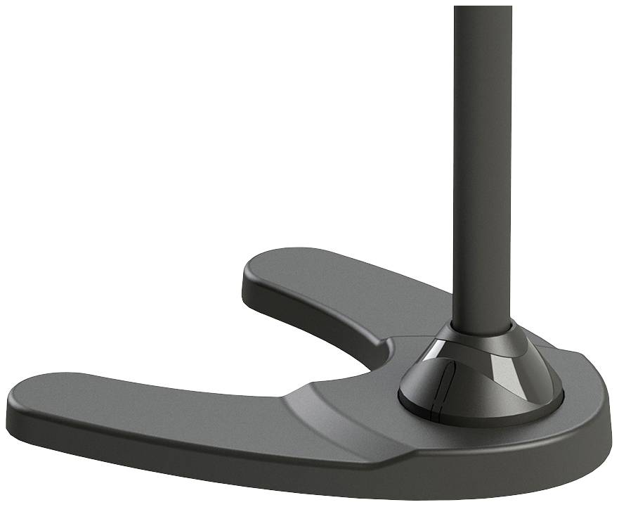 Ein schwarzer Standfuß eines Büromöbelstücks aus Metall, mit zwei abgerundeten, ausladenden Füßen zur Stabilität.