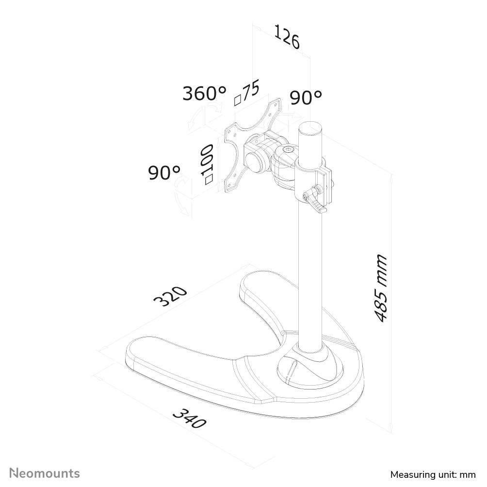 Skizze eines Monitorständers mit verstellbarer Halterung. Maße: 126 mm (Halterung), 360° Drehung, 485 mm Höhe, Basisbreite 340 mm.