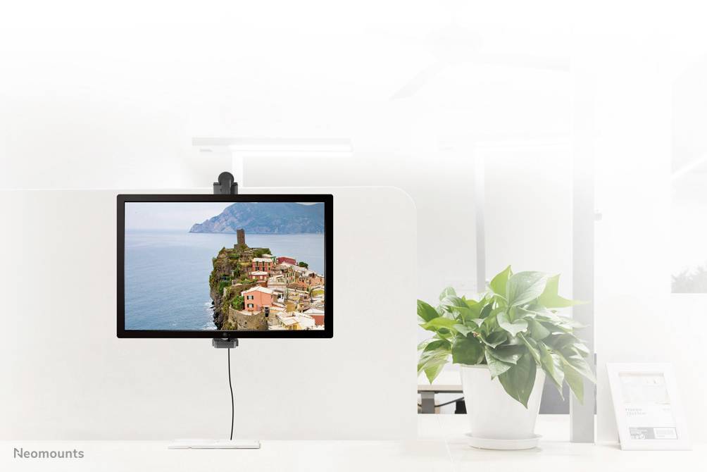 Ein Monitor zeigt ein Küstenbild mit Häusern. Er steht auf einem Schreibtisch neben einer grünen Pflanze in einem modernen Büro.