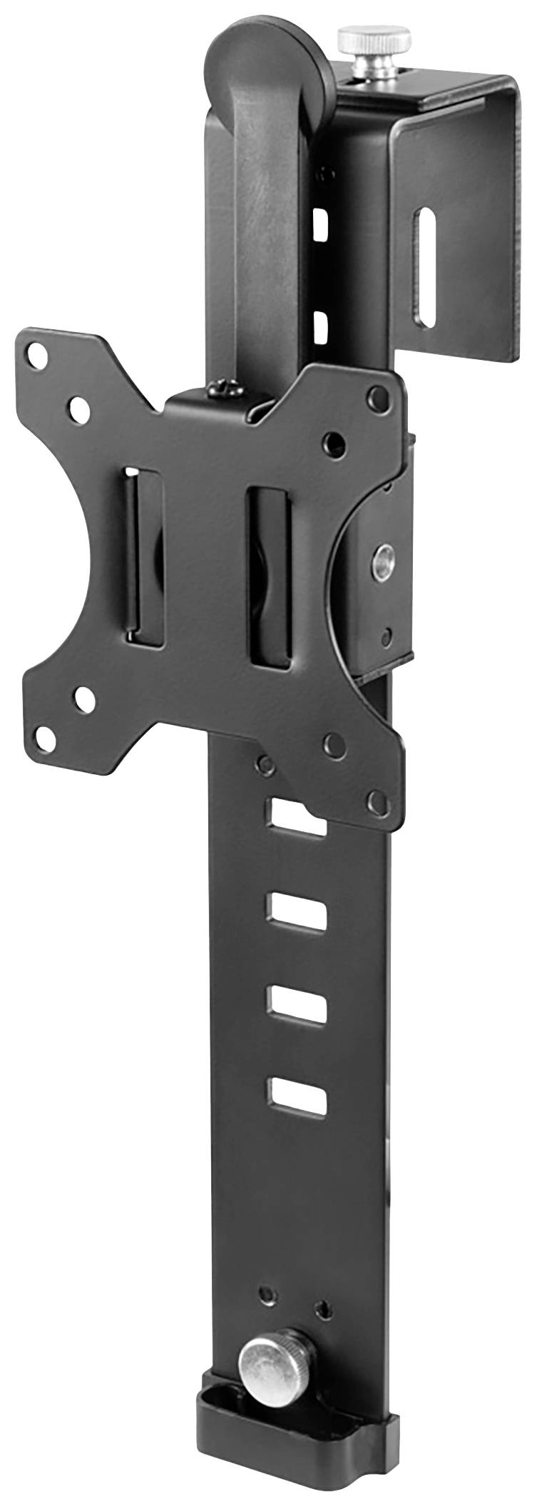 Metallhalterung für Monitore oder Bildschirme, verstellbar, mit schwarzem Finish. Geeignet zur Befestigung an einer Wand oder einem Schrank.