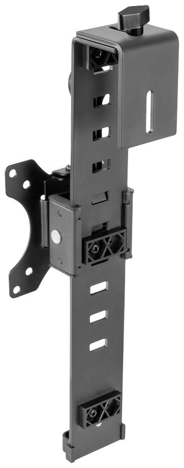 Schwarze, verstellbare Monitorhalterung aus Metall, zur Wandmontage geeignet, mit mehreren Befestigungsöffnungen für Flexibilität.