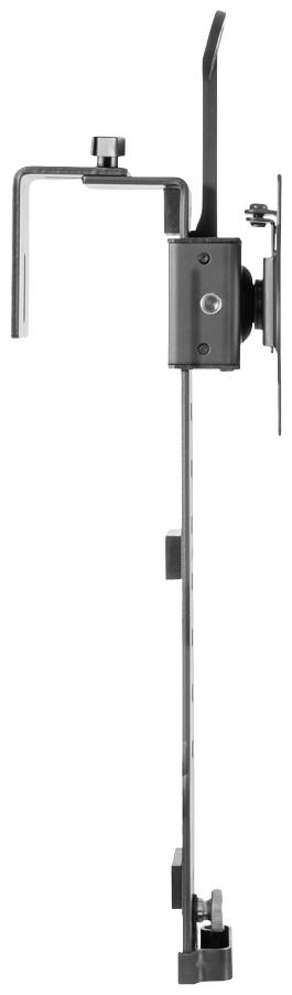 Ein vertikaler Metallmechanismus mit L-förmigem Arm, Schrauben und Klemmen. Verwendet zur Befestigung oder zum Halten von Geräten.