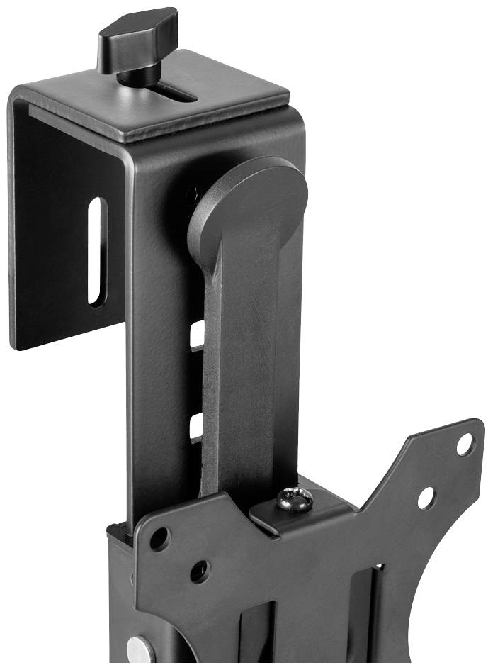 Schwarzmetall-Halterung für Monitor, verstellbar mit Drehknopf und Befestigungslöchern, geeignet zur Tischmontage.