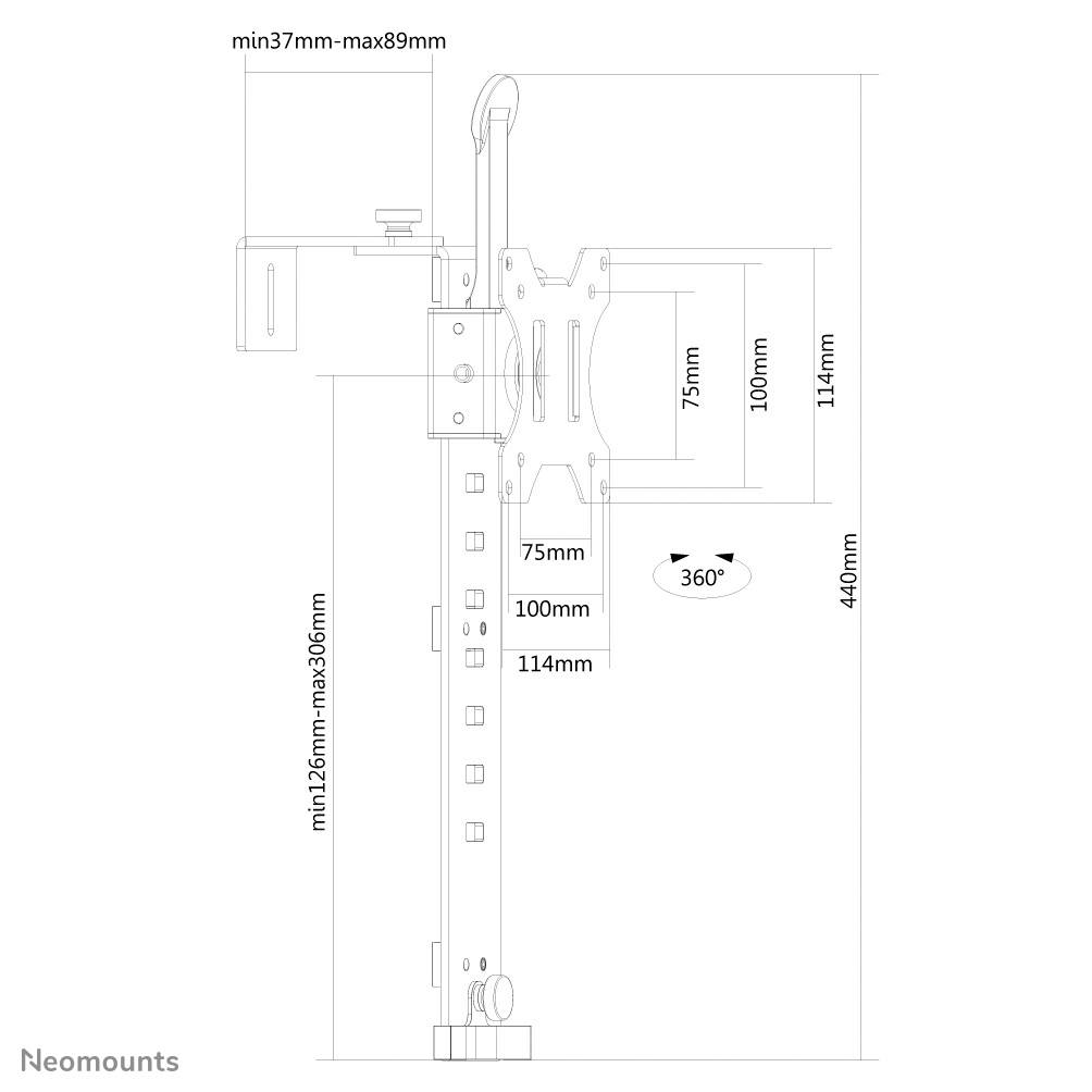 Skizze einer Monitorhalterung mit den Maßen: Höhe verstellbar von 126 bis 306 mm, Tiefe 37 bis 89 mm, drehbar 360°, Montageplatte 75x75 bis 114x114 mm.